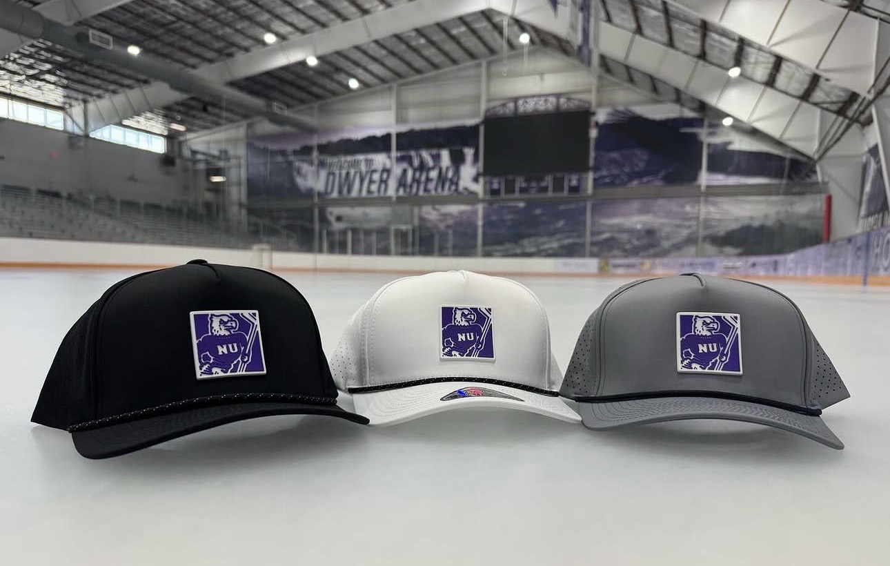 Three hats with the Monte Purple Eagle Logo sitting on the ice